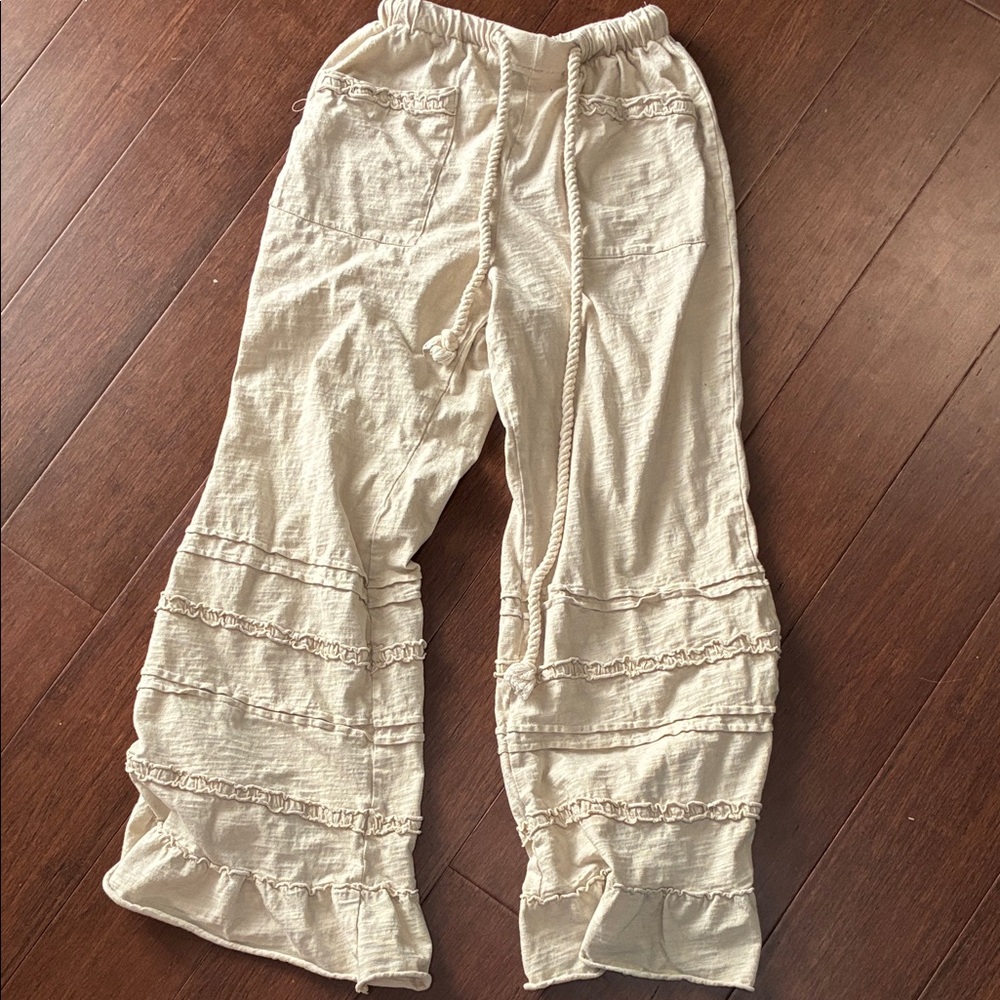 Cream Ruffle Hem Drawstring Pants - image 1